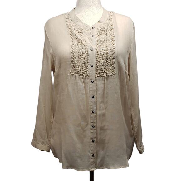 Krazy Kat Womens XL Light Khaki Cotton Tunic Top Crochet Button Front Boho Style - Picture 1 of 12